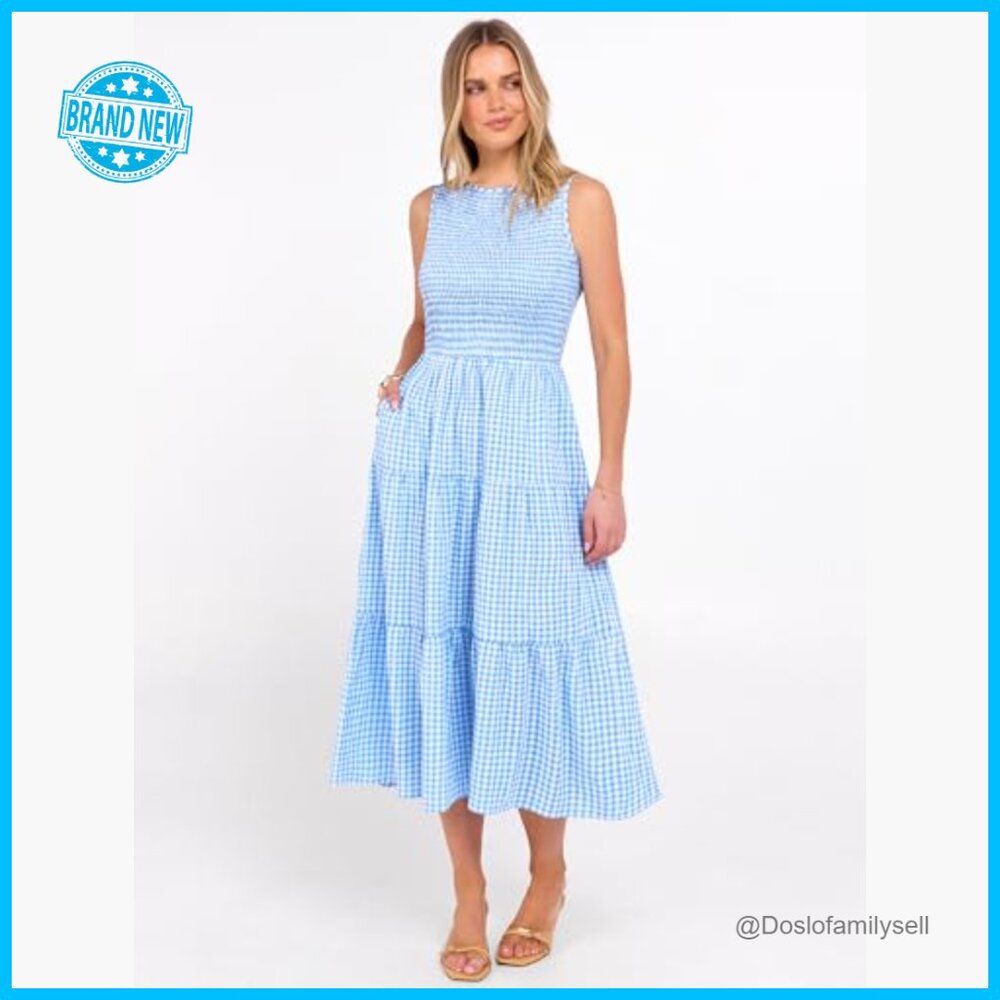 Sleeveless Crewneck Maxi Dress Smocked Tiered Boho Casual Beach Sundress - Picture 4 of 7
